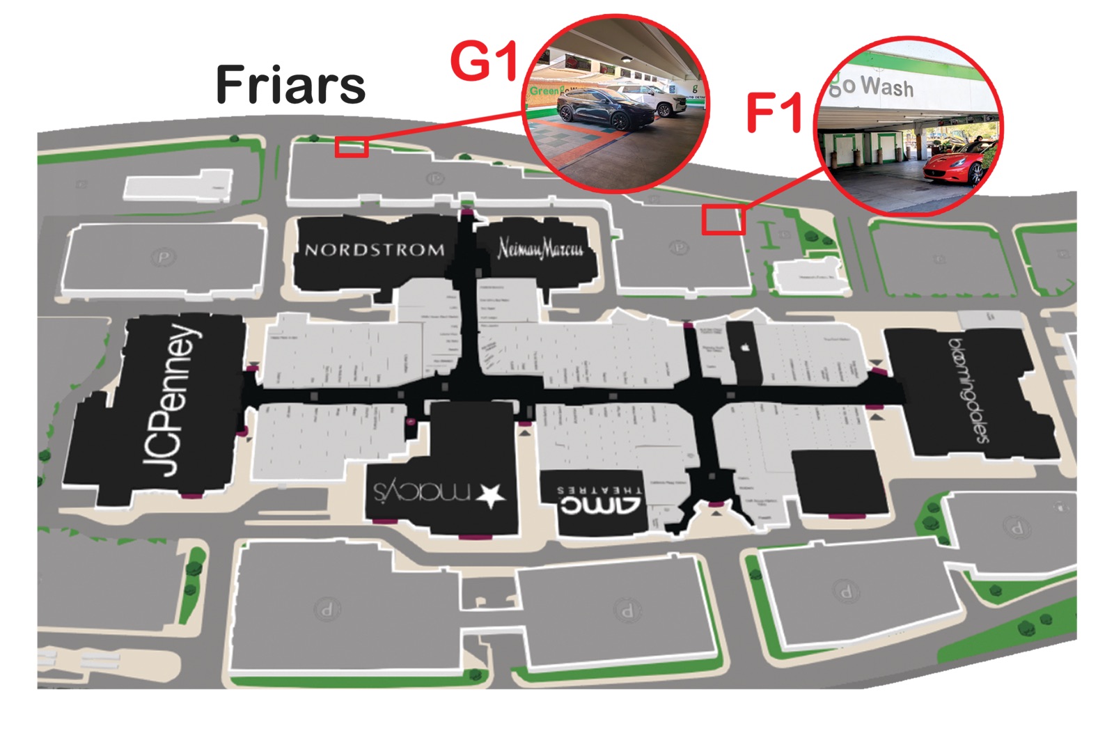 Fashion Valley Mall map showing Green Go Wash bays at parking lots G1 and F1