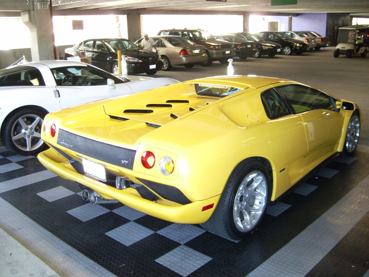 Lamborghini Diablo in the Green Go Wash parking structure bay